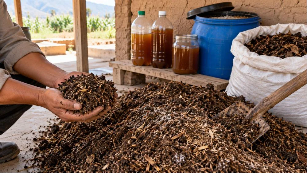 Bocashi terminado en el piso de un galpón rural, con botellas y un frasco de microorganismos eficientes (EM), un bidón de fermentación y un saco de microorganismos de montaña; un productor muestra un puñado de bocashi